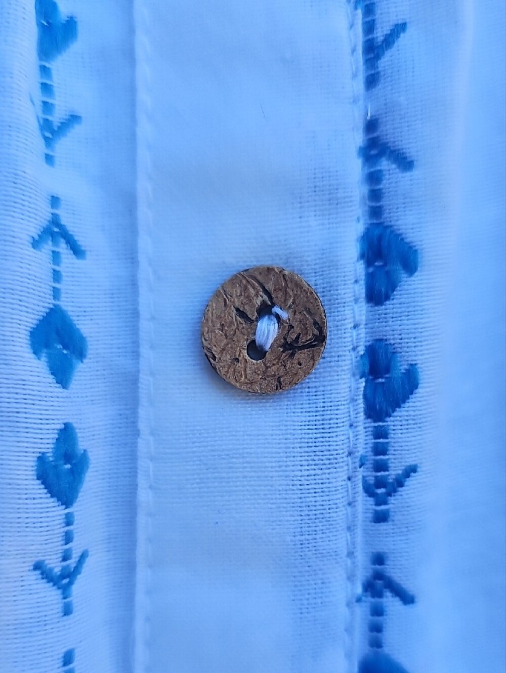 White Dress With Light Blue Stripes Embroidered Button-Front Midi Dress - Picture 5 of 14
